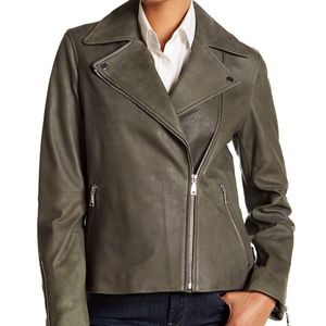 Tahari Olive Green Skylar Leather Moto Jacket